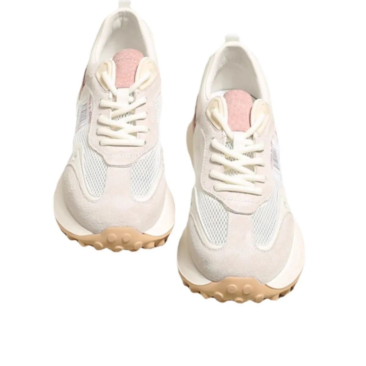 Women's grey and pink retro low-top sneaker with round toe and rubber sole.