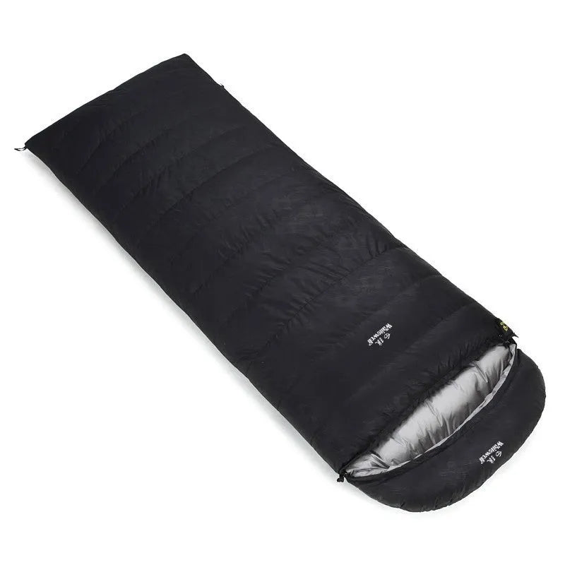 Black outdoor sleeping bag with envelope structure and white goose down filling