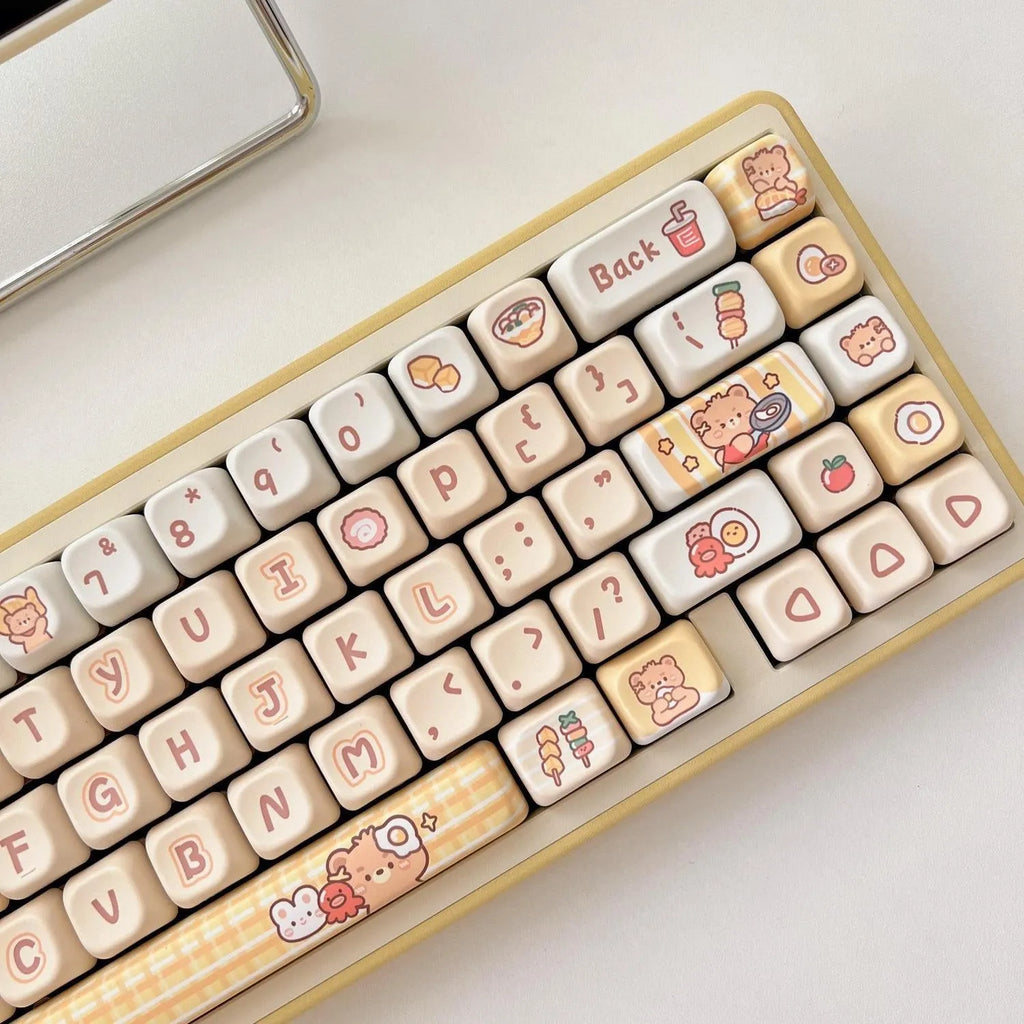 140 plastic PBT keycaps with Rabbit Bear Restaurant design in EOA height profile for mechanical keyboards.