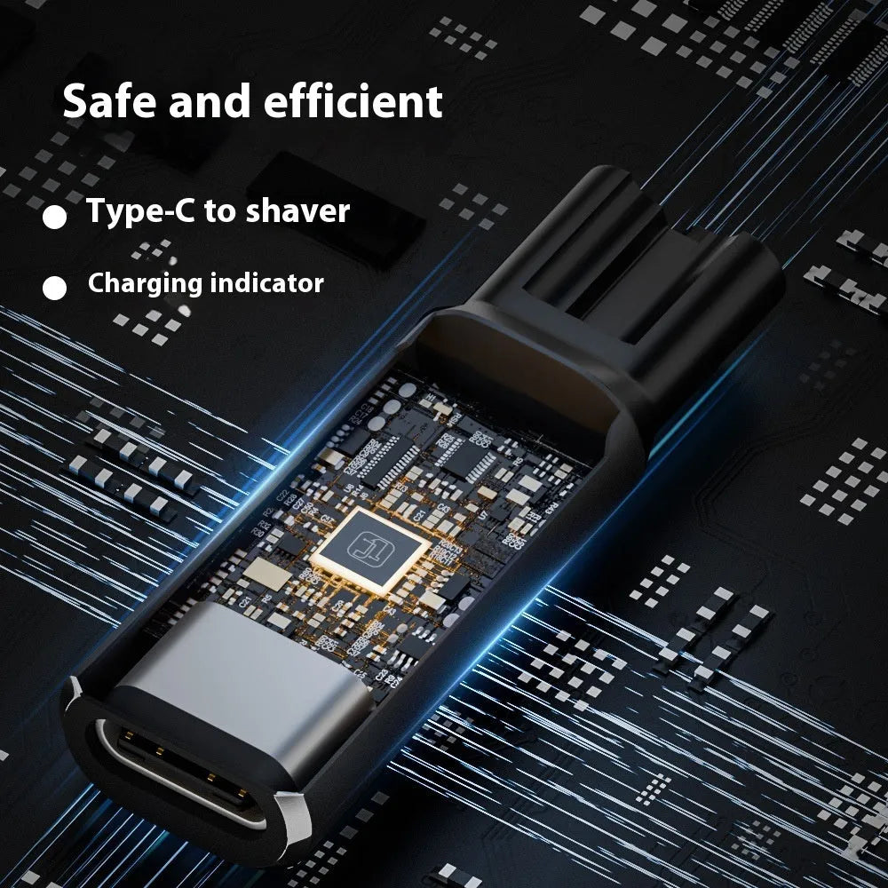 Black USB-C charging adapter for electric shavers with aluminium alloy construction and 4.3V output