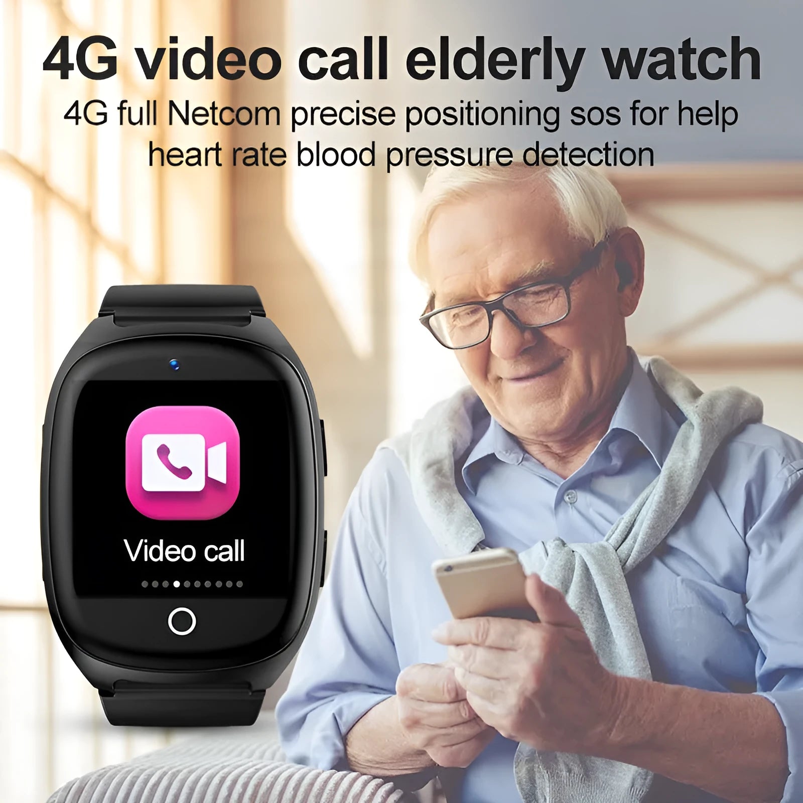 Black GPS smartwatch for kids with a 1.54-inch touchscreen on a wrist, showing SOS button.