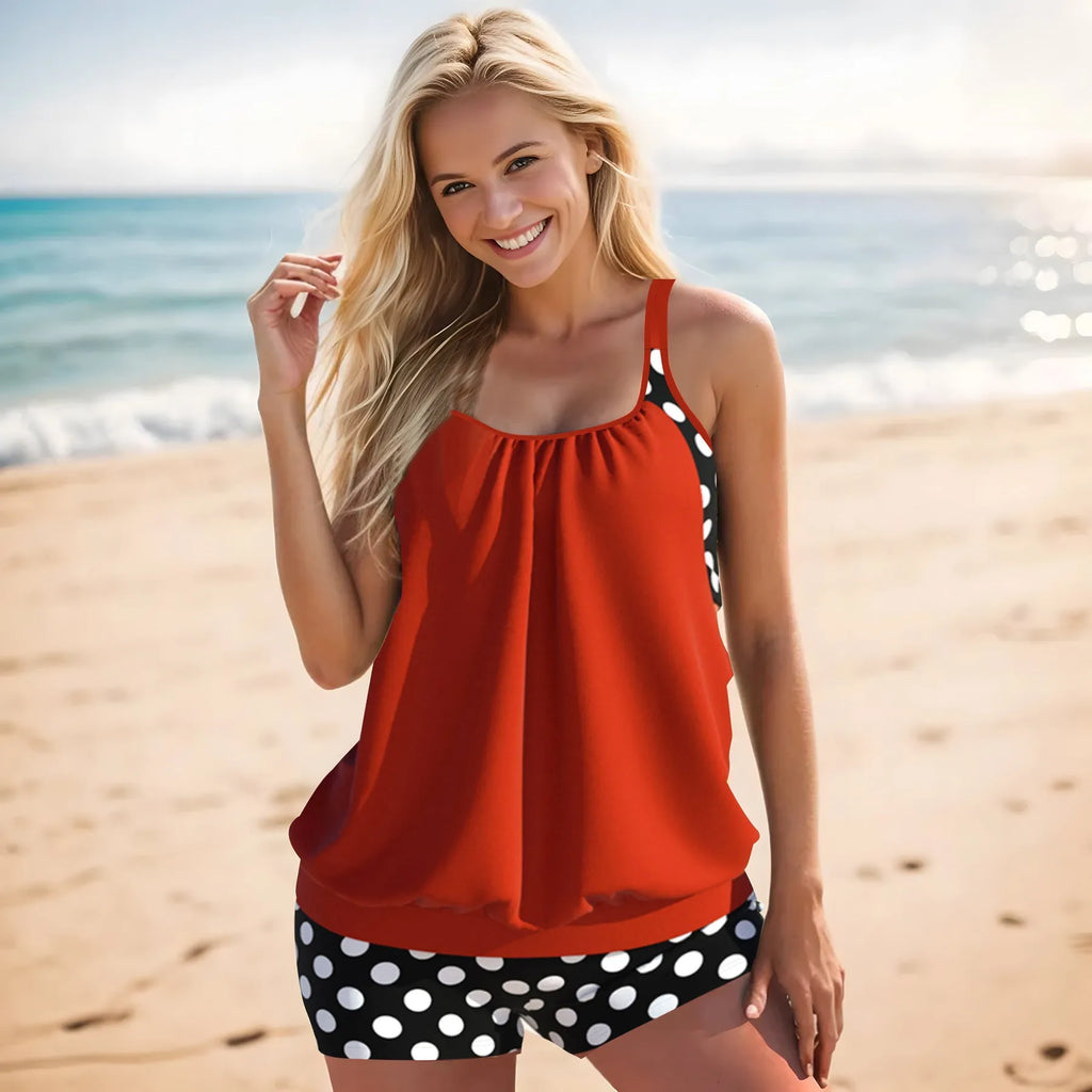 Women's black polka dot high-waist boxer swimsuit briefs made from polyester fabric.