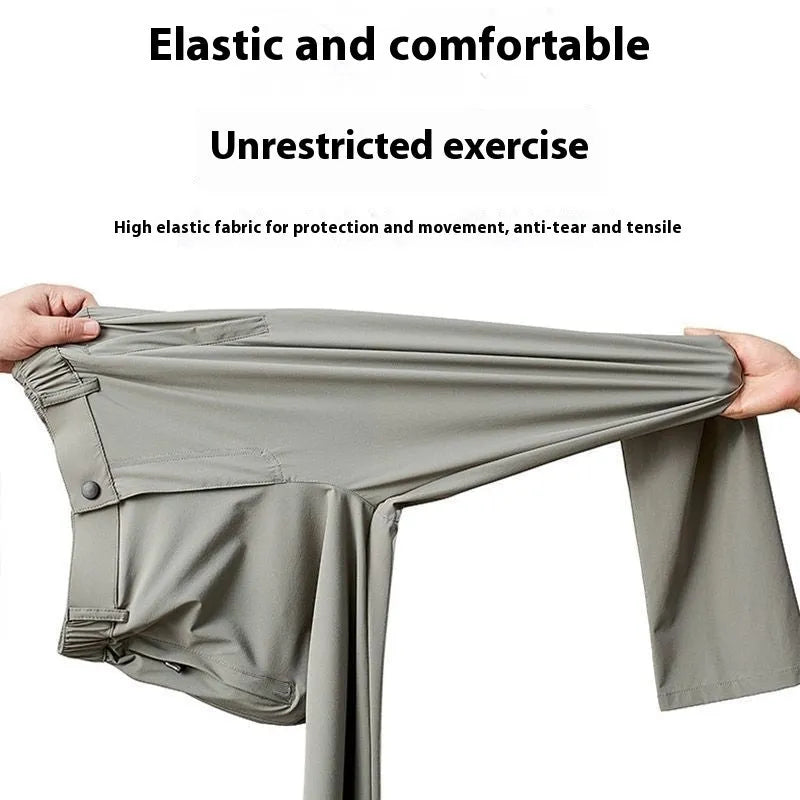 Man wearing black ice silk loose straight-leg trousers with a high elasticity open waist.