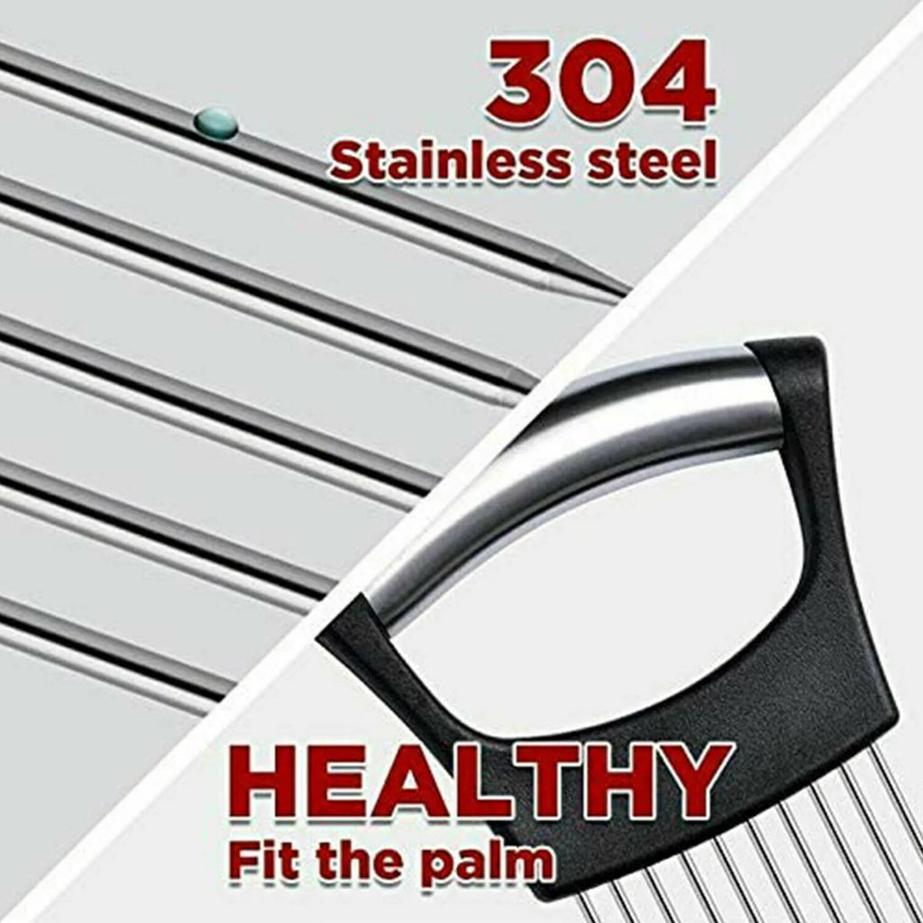Stainless steel kitchen onion holder slicer with ABS handle measuring 14cm by 9.5cm