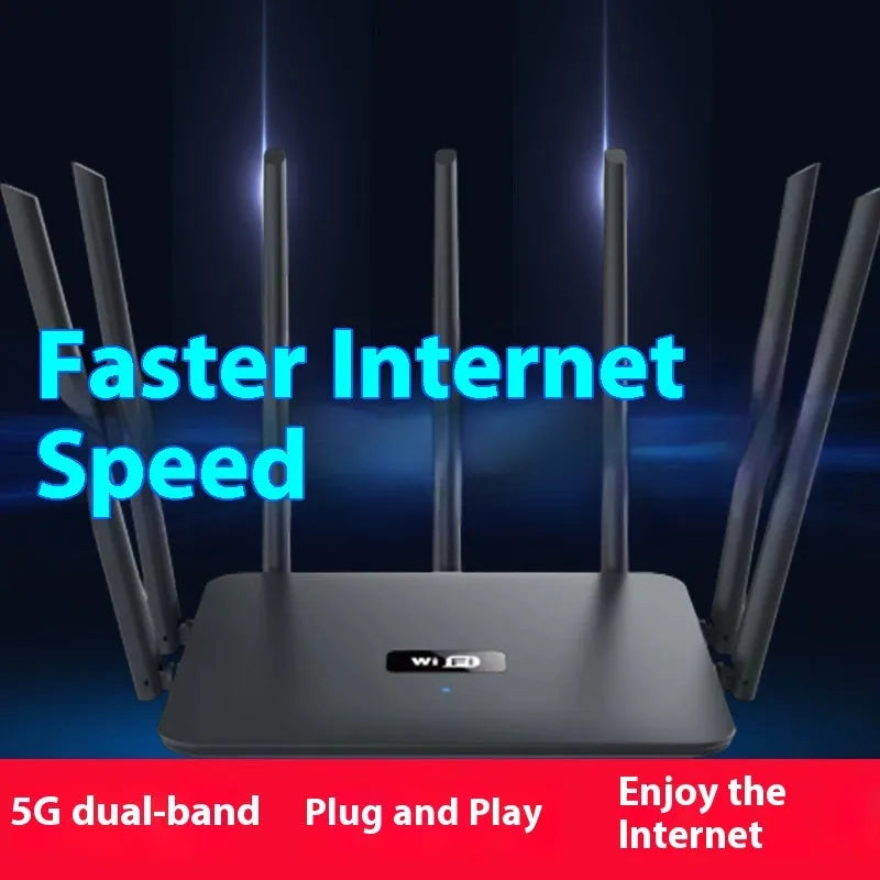 Black and white dual-band 5G Gigabit router for home WiFi with multiple antenna options.
