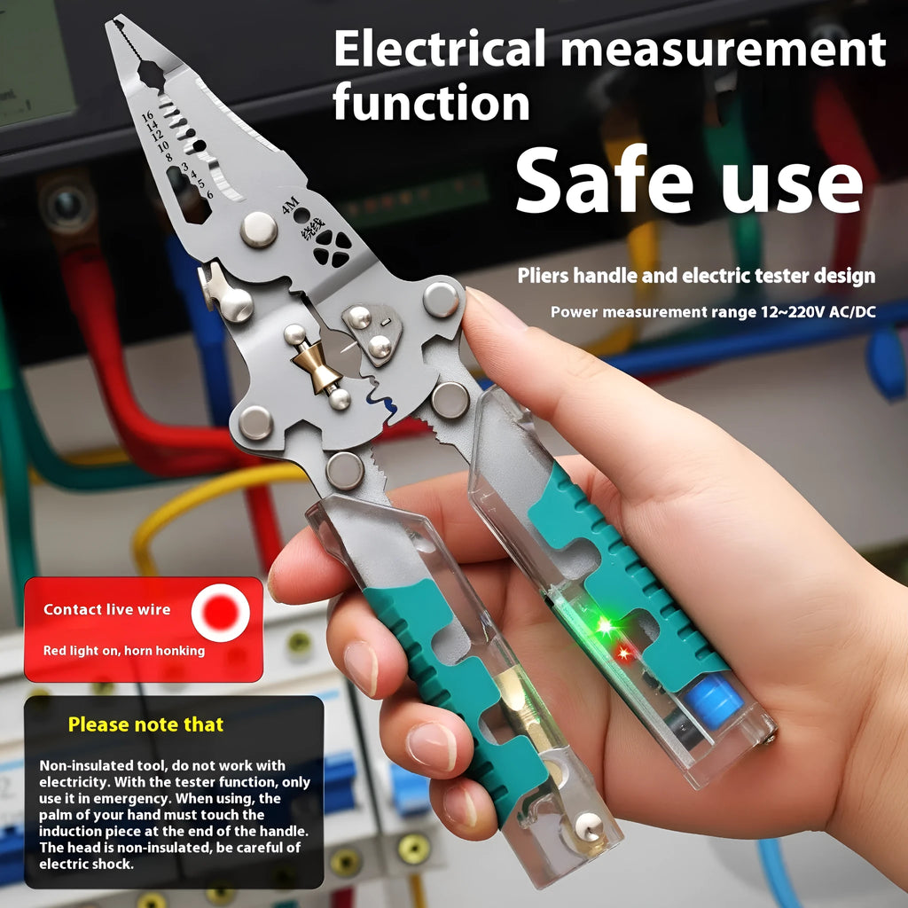 Pointed nose electrician's pliers and wire stripper tool with rust-resistant steel blades.