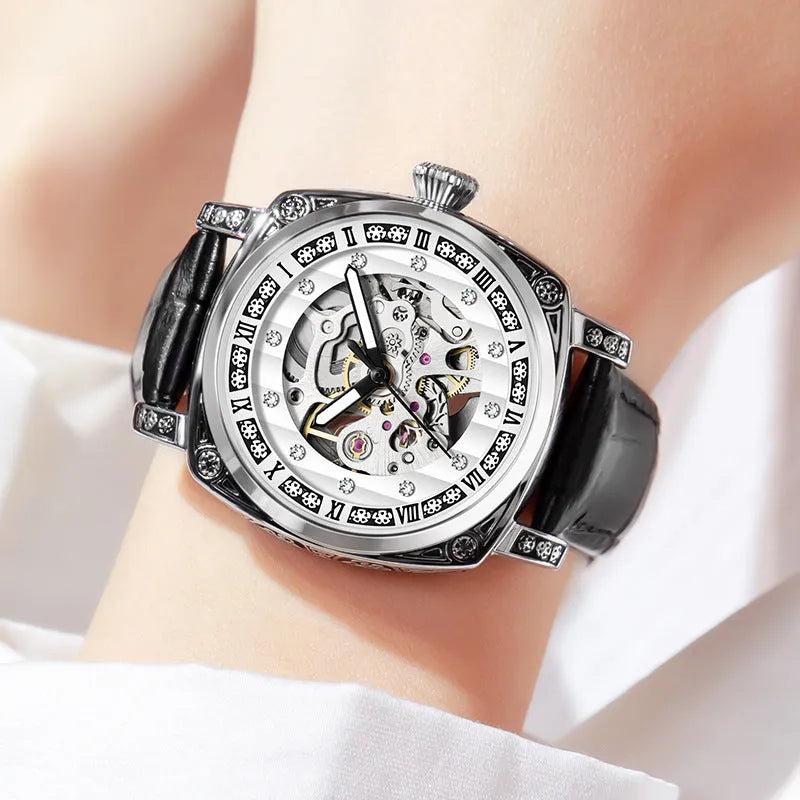 Mechanical watch with luminous hands and a leather strap, shown in various dial colour options.