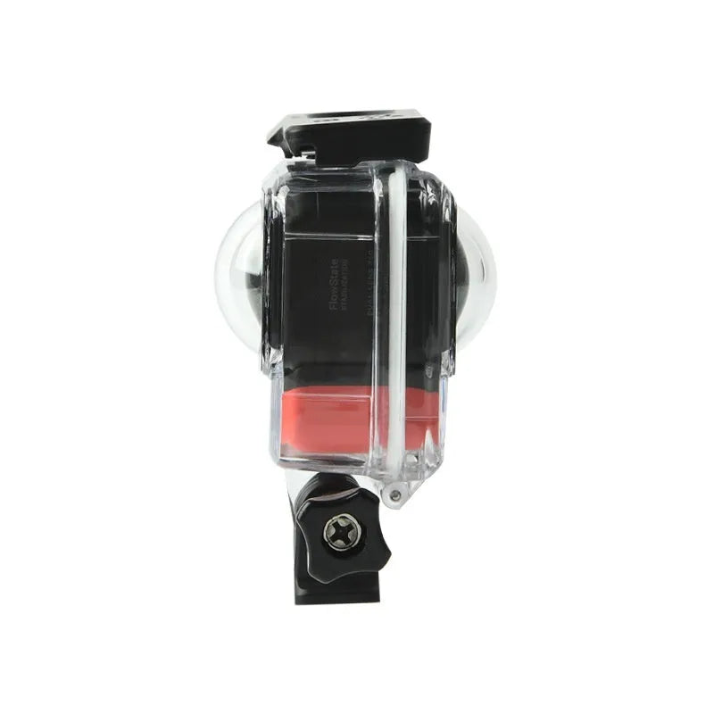 Transparent waterproof housing for Insta360 One RS panoramic camera showing internal dimensions
