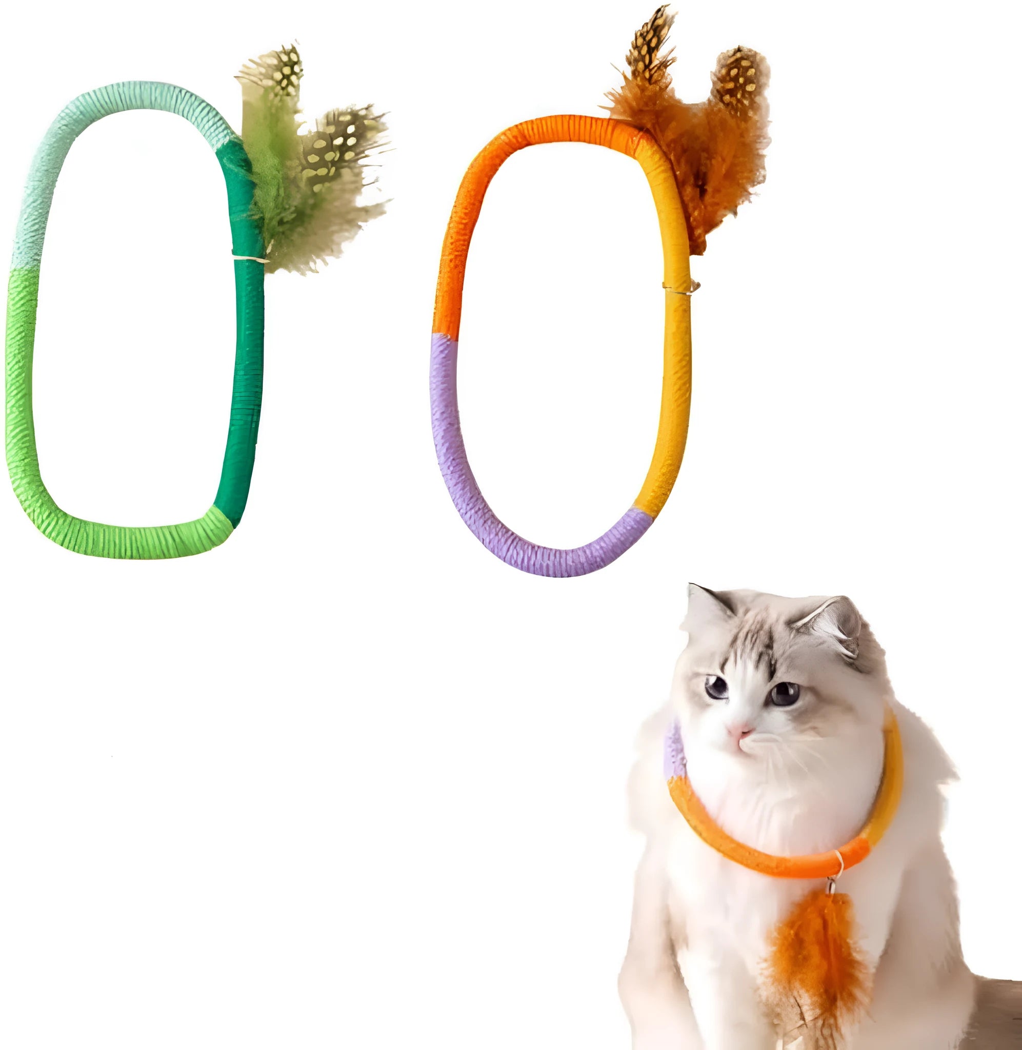 Green and purple cotton rope cat toys with feathers and catnip for interactive feline play