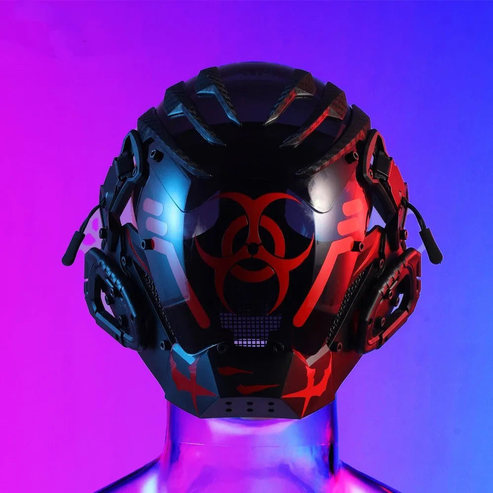 Black full-face sci-fi prop helmet with detailed bioweapon tech sculpted design