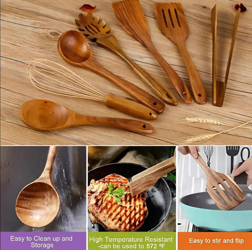 Seven wooden cooking spoons and spatulas with non-slip handles arranged as a set for non-stick pans.