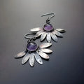 Purple Bohemian style earrings with resin flowers and animal zodiac pendant drops