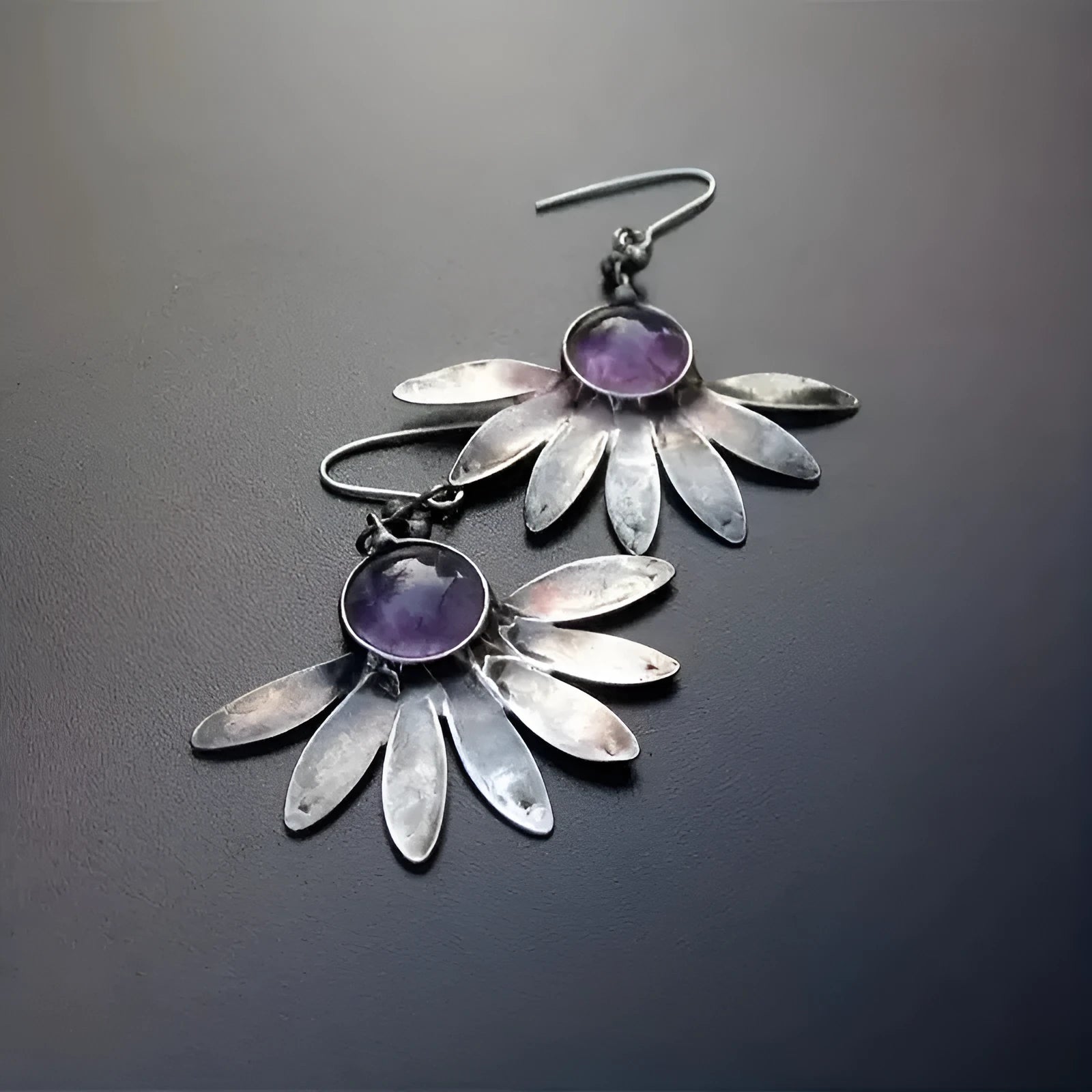Purple Bohemian style earrings with resin flowers and animal zodiac pendant drops