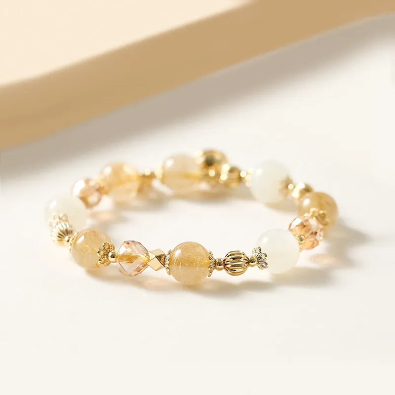 Gold electroplated rutilated quartz crystal bracelet in Korean style with lucky fortune gold colour quartz beads