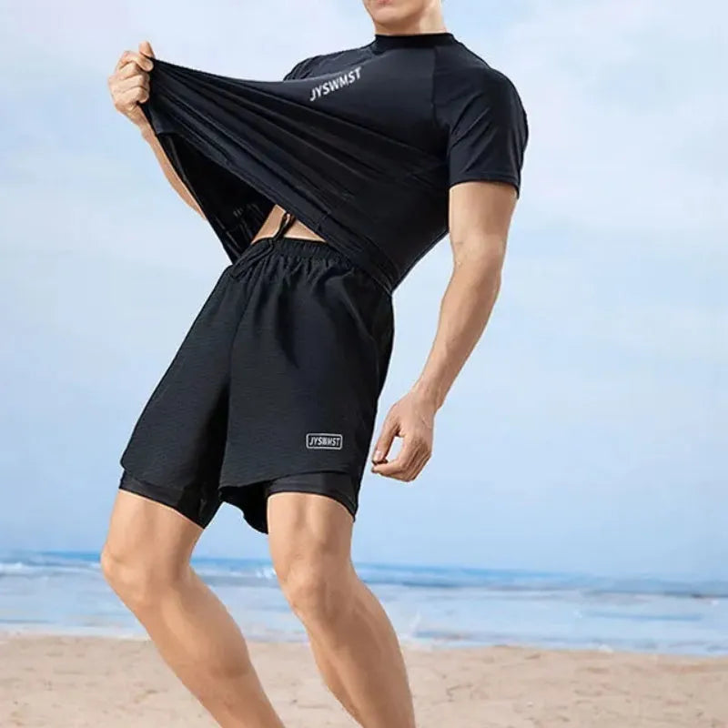 Men's plus size polyester swimsuit set showing top and swimming trunks in various patterns and colours