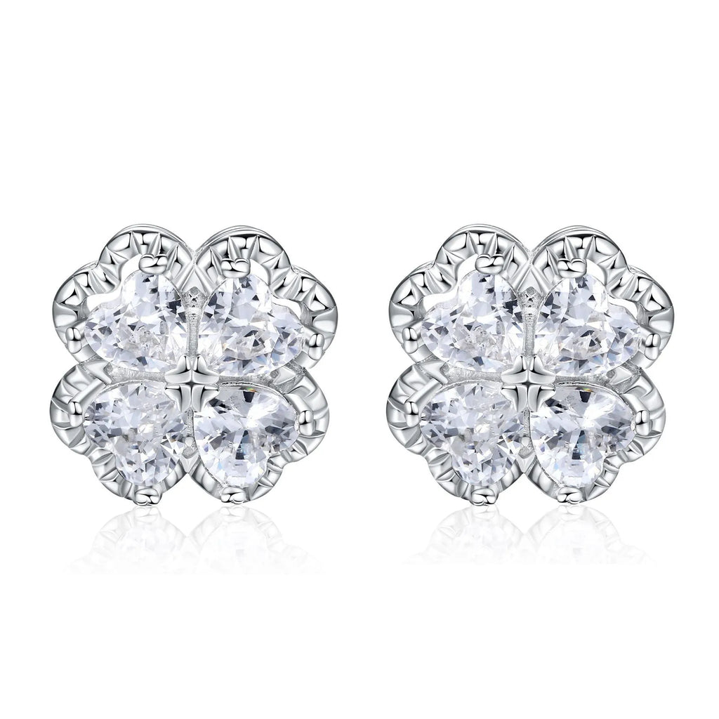 925 silver heart-shaped earrings with four-leaf clover motifs and zircon stones in white gold colour