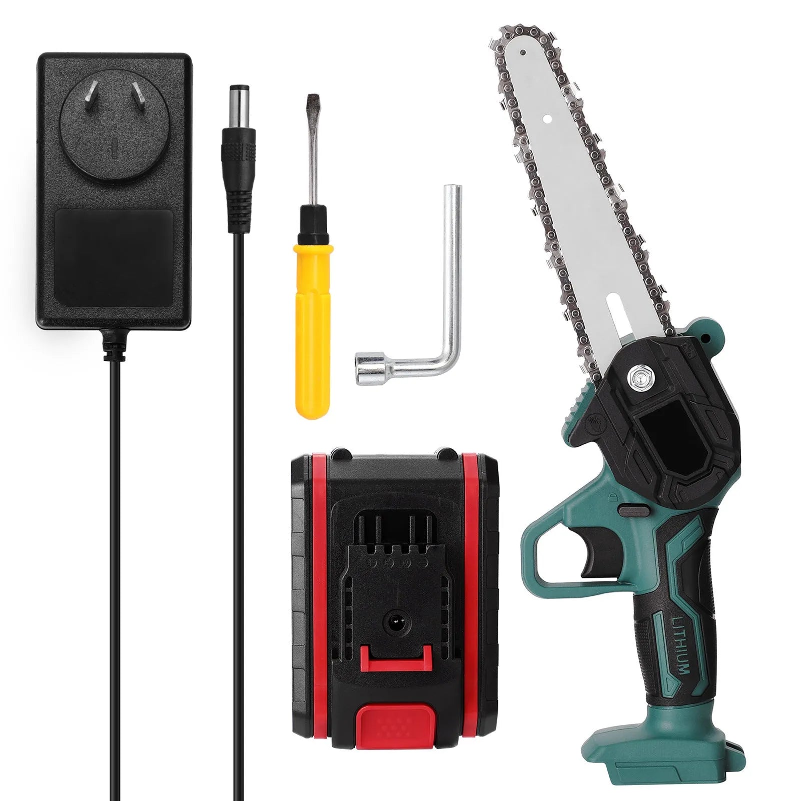 Black mini electric chainsaw with 4-inch guide bar held in one hand, showing compact size.