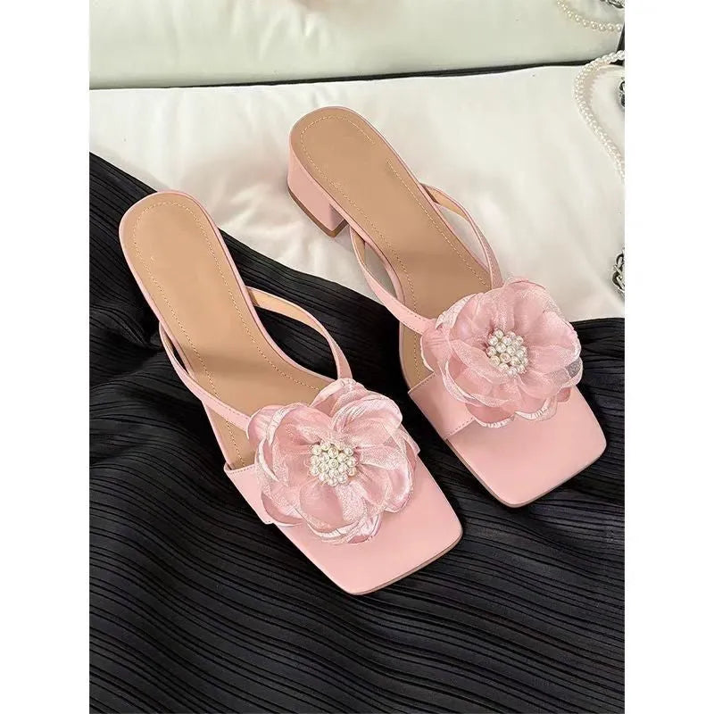 Women's chunky heel square toe sandals with fashion flower detail in satin material
