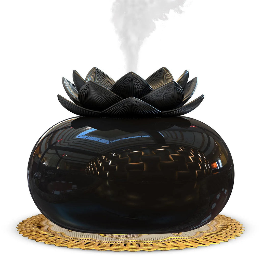 Pure black lotus aromatherapy humidifier with USB port and ceramic base