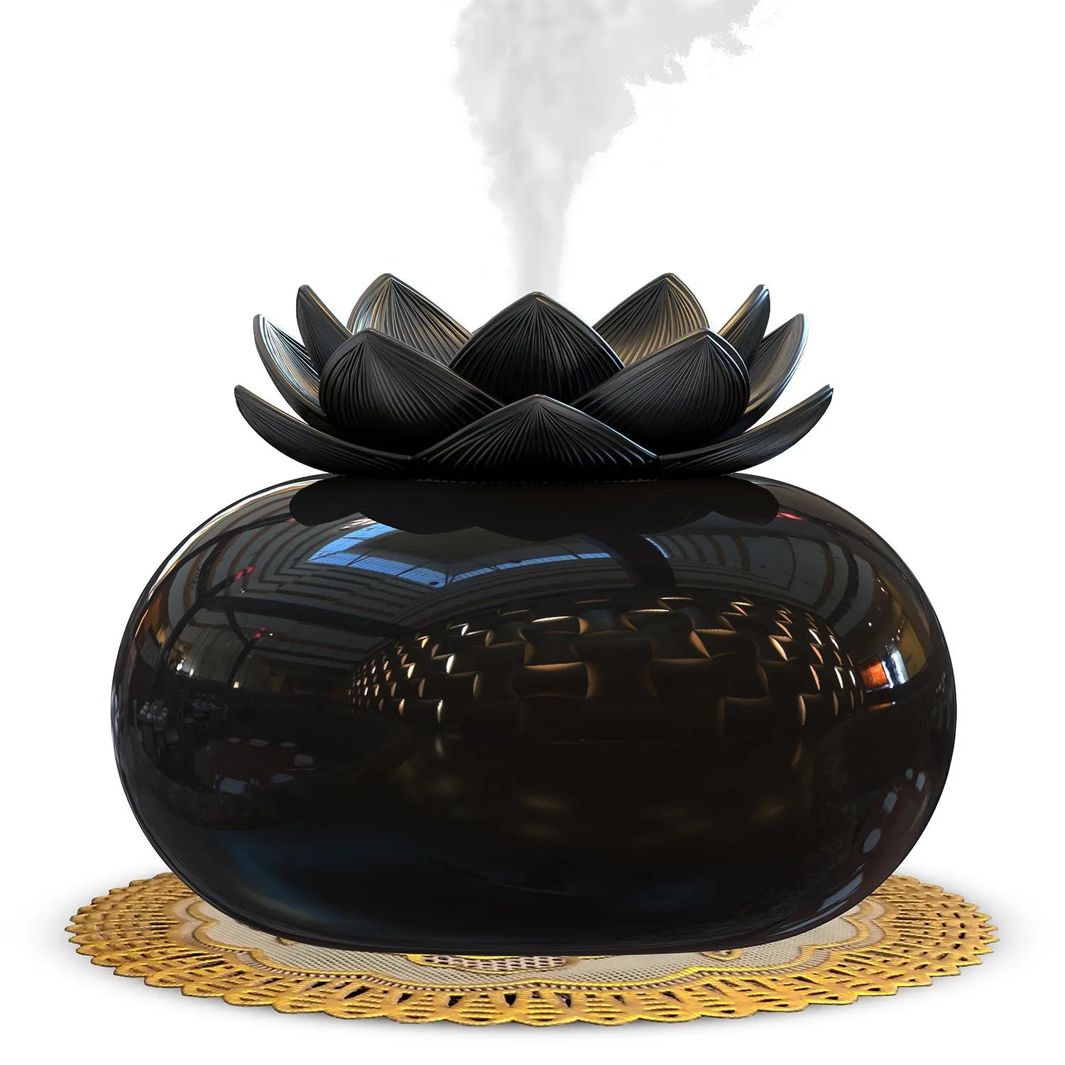 Pure black lotus aromatherapy humidifier with USB port and ceramic base