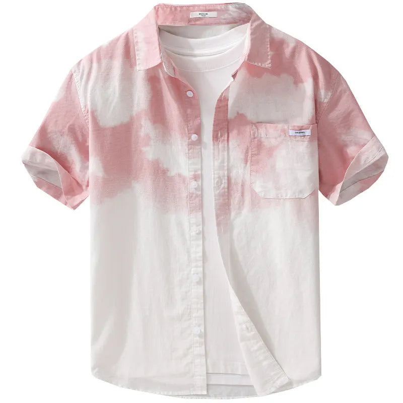 Men's light pink loose fit pure cotton short sleeve summer shirt cardigan style
