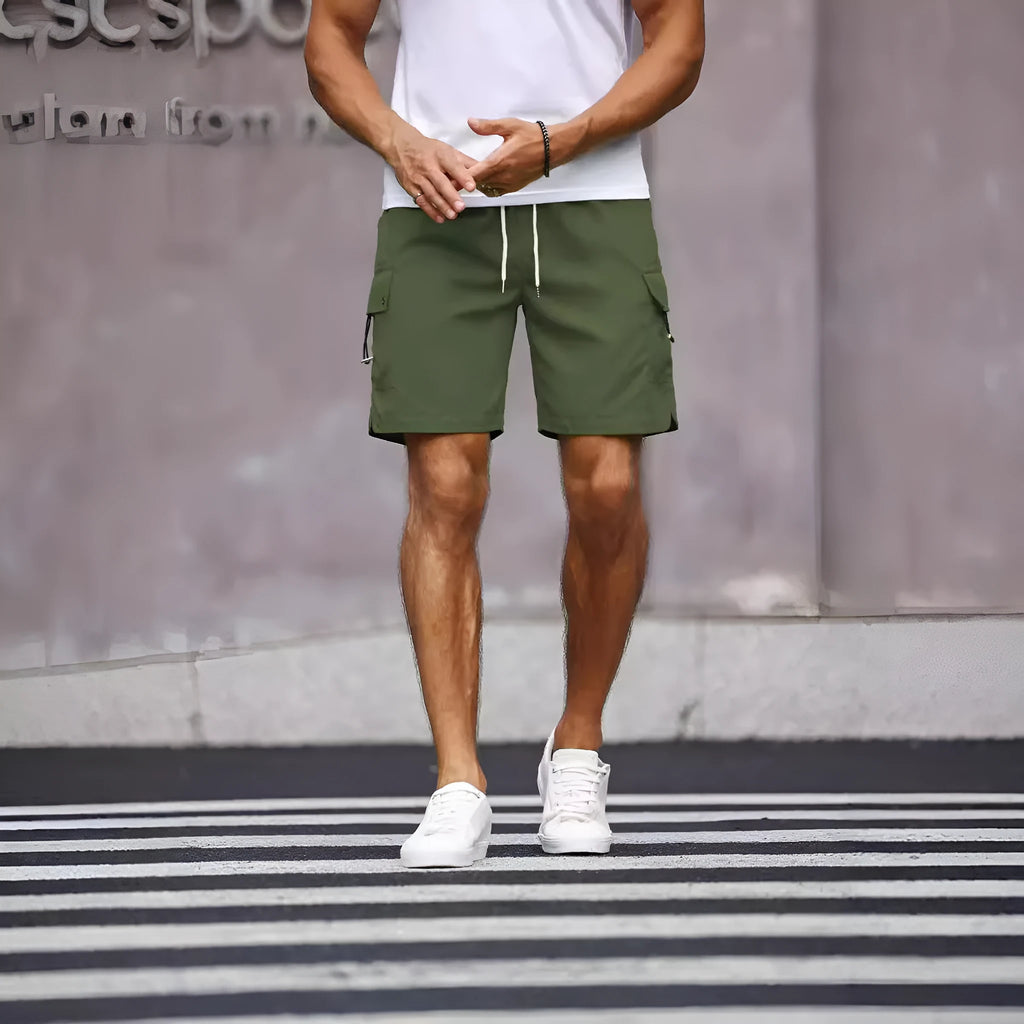 Men's loose fit street style work shorts in fluorescent green and army green colours.