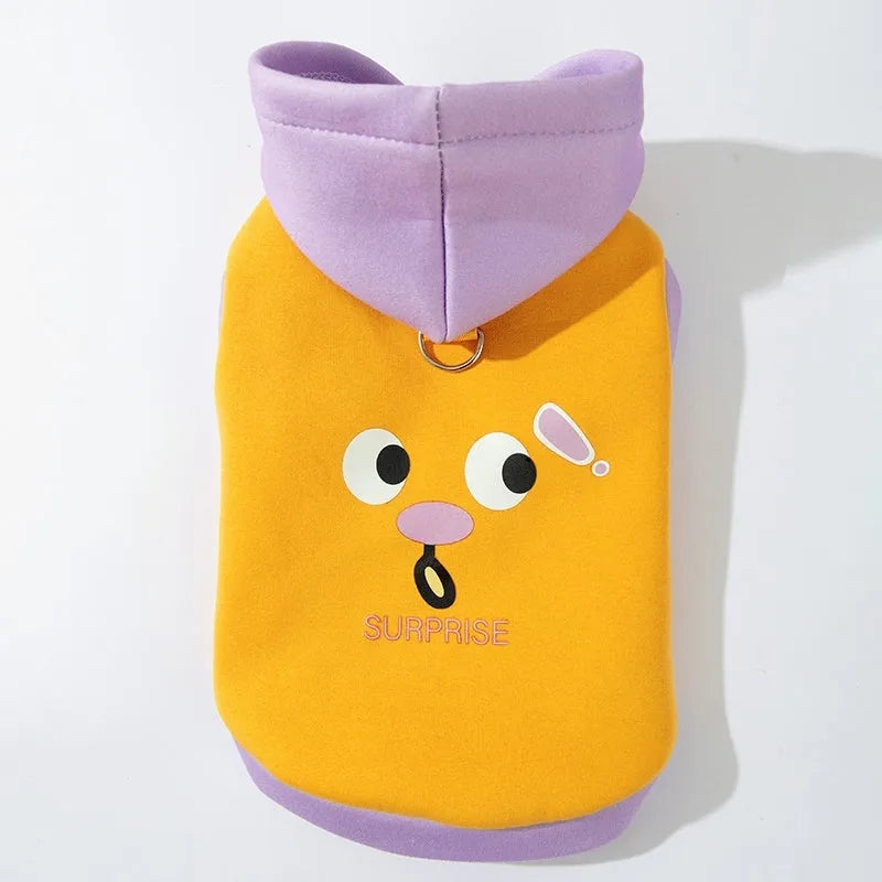 Autumn winter dog hoodie with cute cartoon bear design, blue and yellow, sizes XS to XXL for small to medium pets