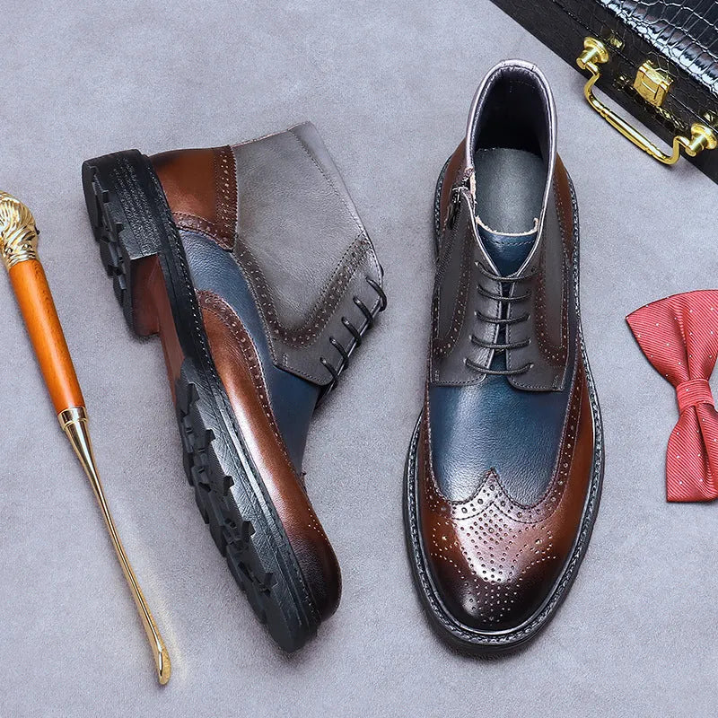 Men's curry blue leather brogue boots with carved stitching and front lacing