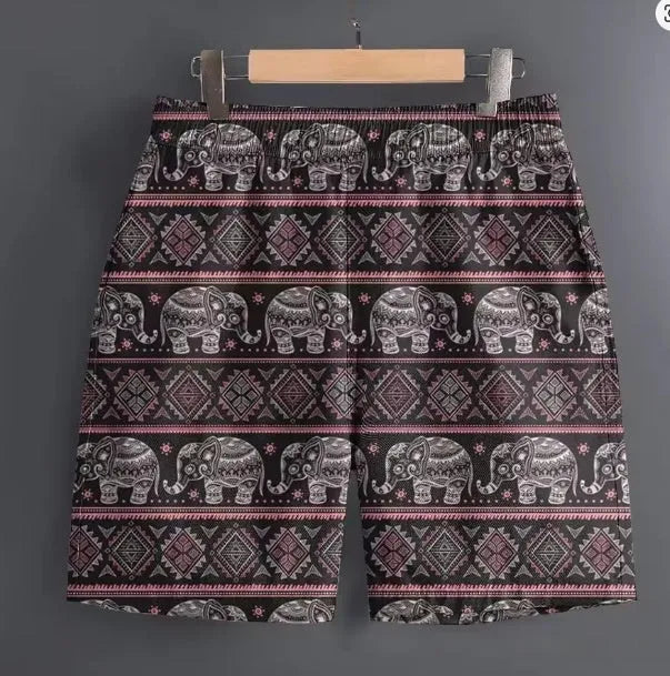 Men's casual polyester shorts in striped, plaid, and camouflage patterns for outdoor sports.