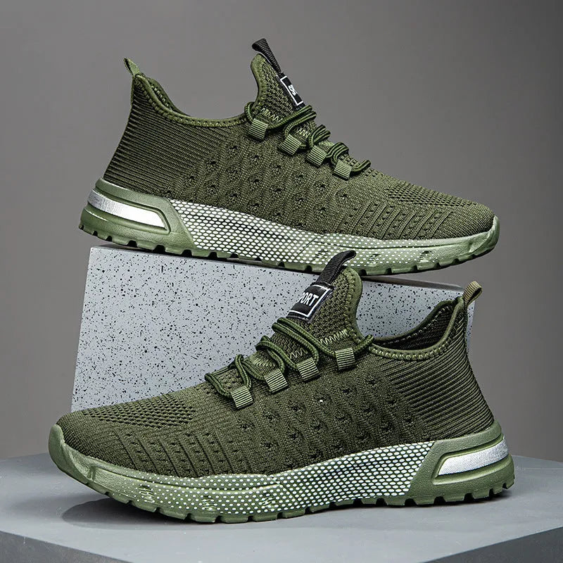 Men's mesh casual shoes in solid colours including army green, khaki, white, black, light grey, and dark grey