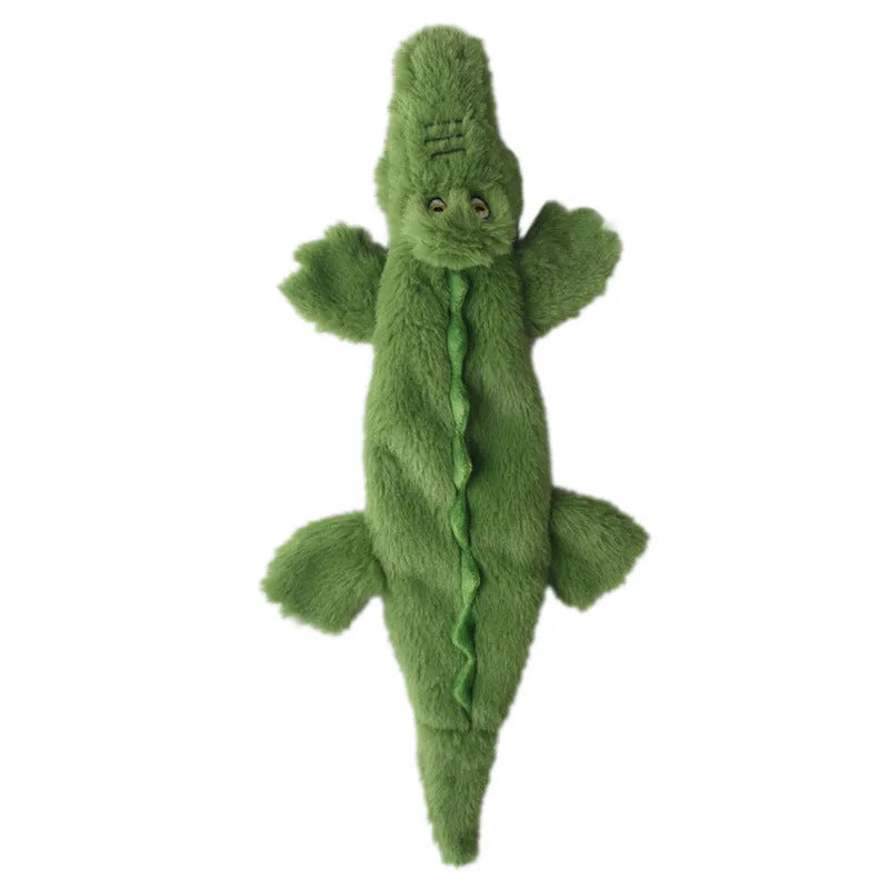 Green crocodile-shaped plush dog chew toy with no stuffing for aggressive chewers