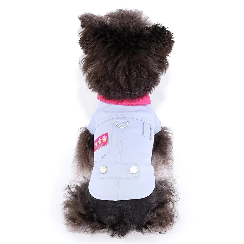 Blue and purple polyester dog vest with traction rope ring for summer walking, shown with size guide for dogs 1.25kg to 11.5kg