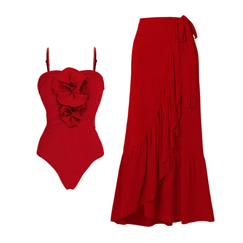 Red women's V-neck one-piece swimsuit with detachable long skirt, halter neckline, open back design