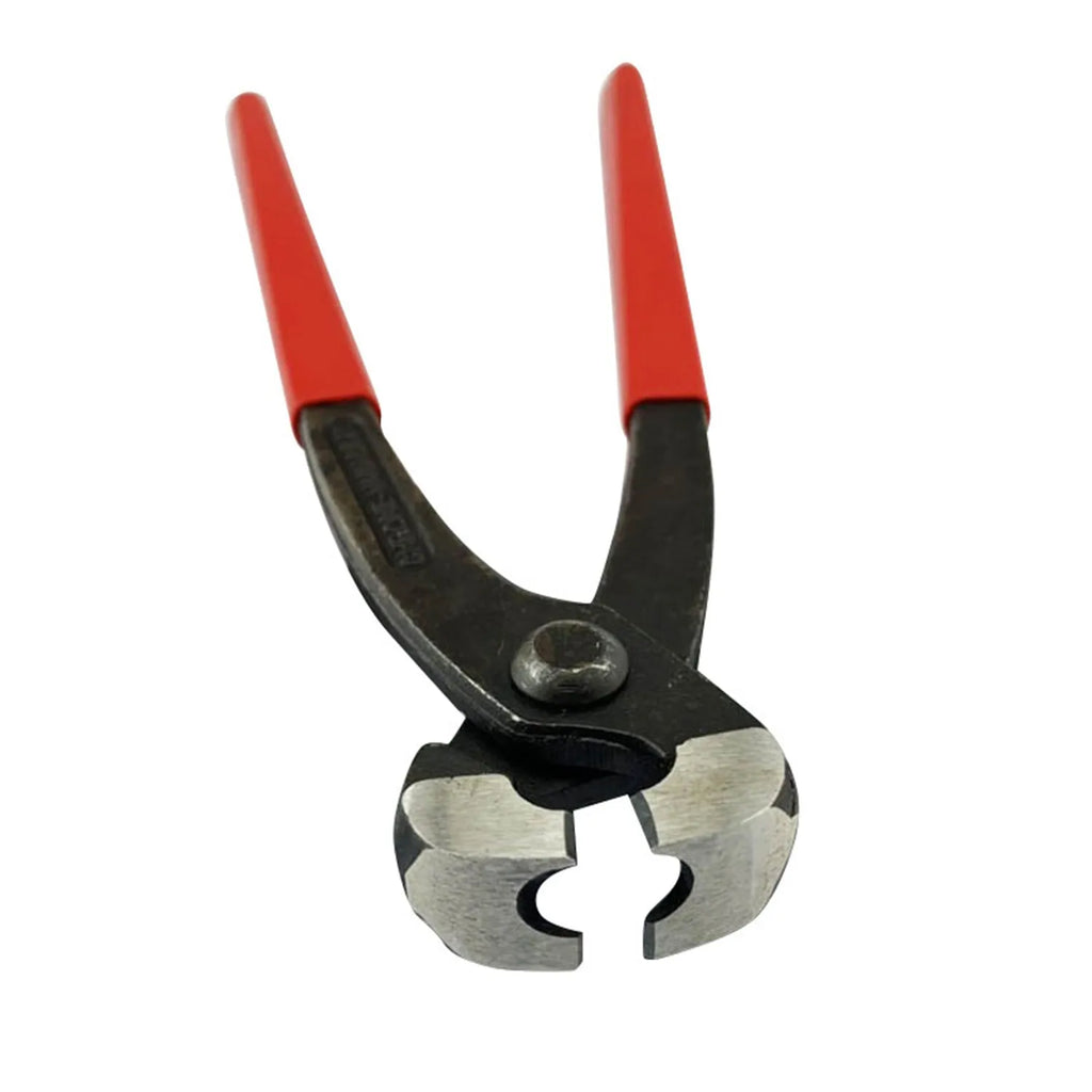 Red cloth finished single ear metal pipe clamp with a carbon steel cutting tool on a white background.