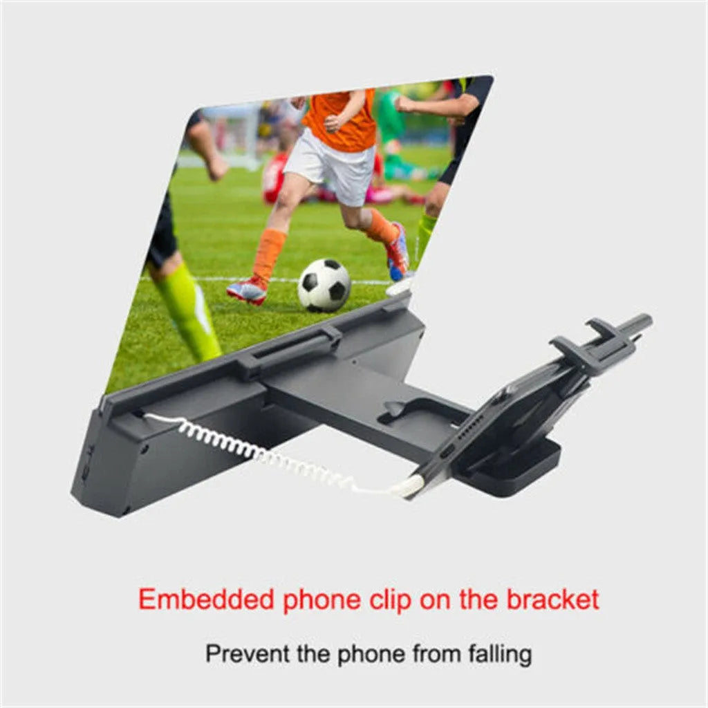 12-inch mobile phone screen amplifier with adjustable gooseneck stand and built-in speakers showing phone magnification