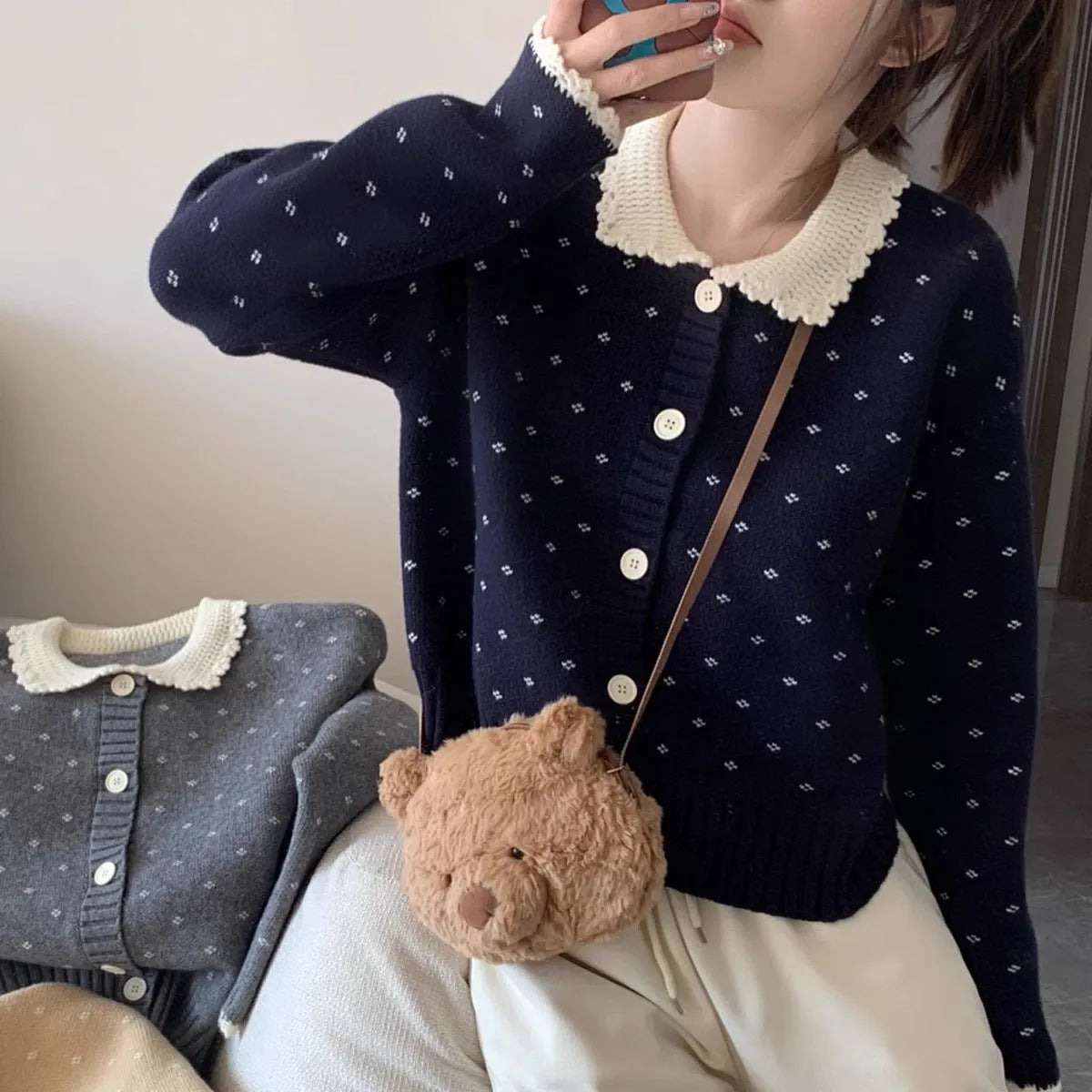 Retro Peter Pan collar floral knit cardigan coat in grey, apricot, or navy blue.