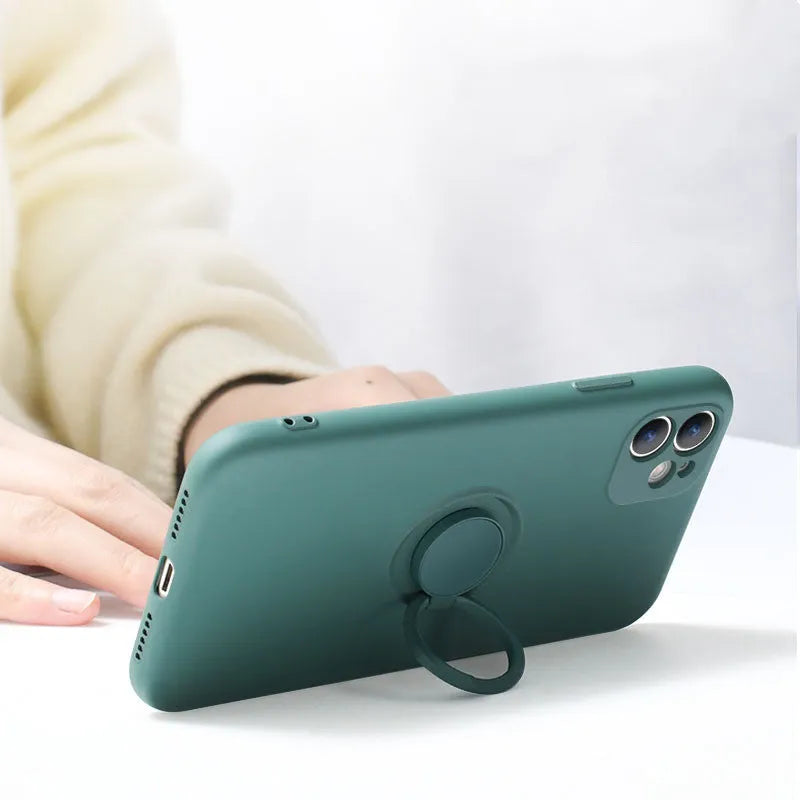 iPhone 12 silicone phone case in assorted colours featuring a built-in ring bracket on the back.