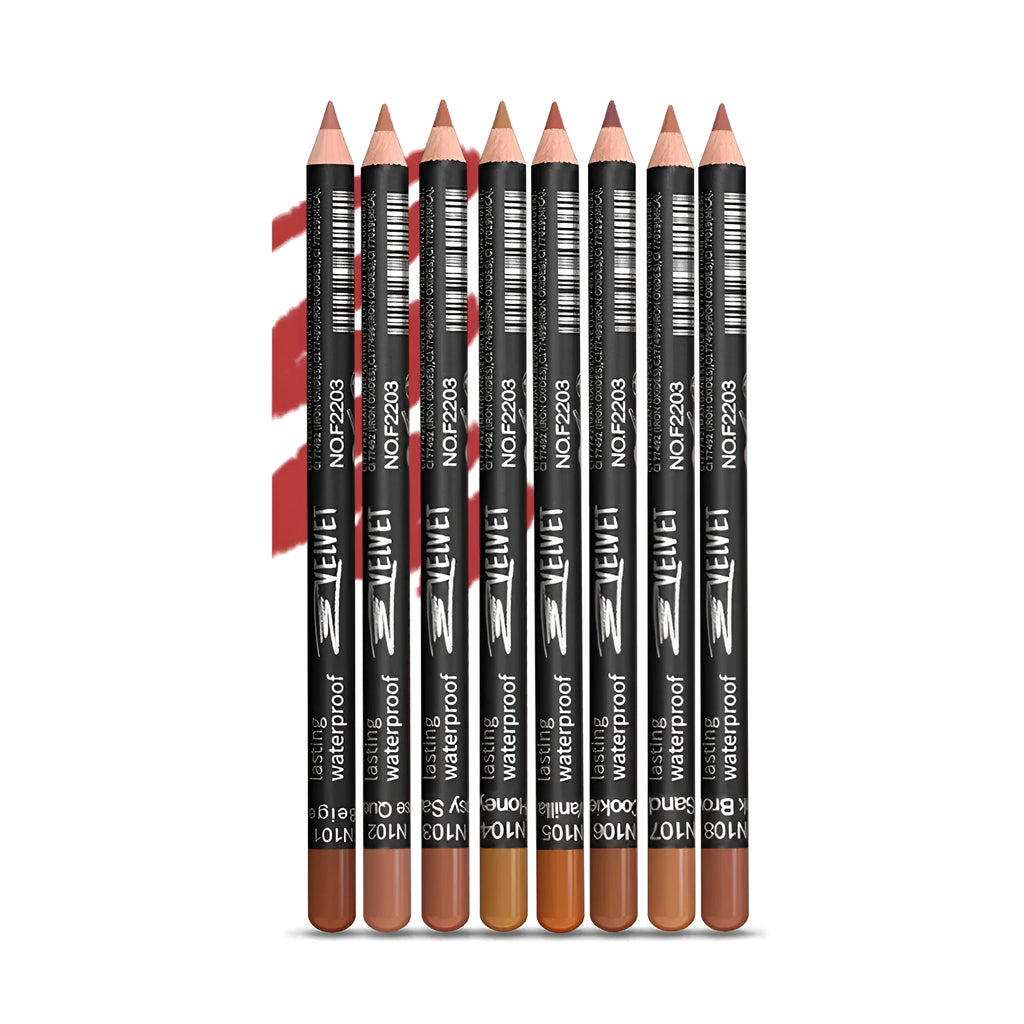 Waterproof matte lip liner pencil in wood casing showing rich colour texture