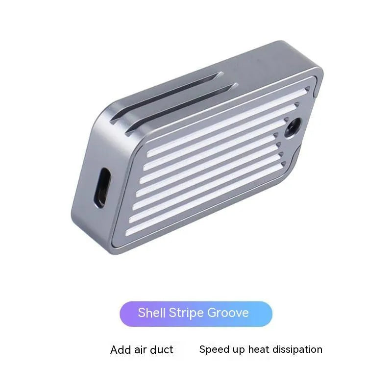 Aluminium alloy NVMe SSD enclosure with dual protocol support measuring 5.2cm by 2.8cm