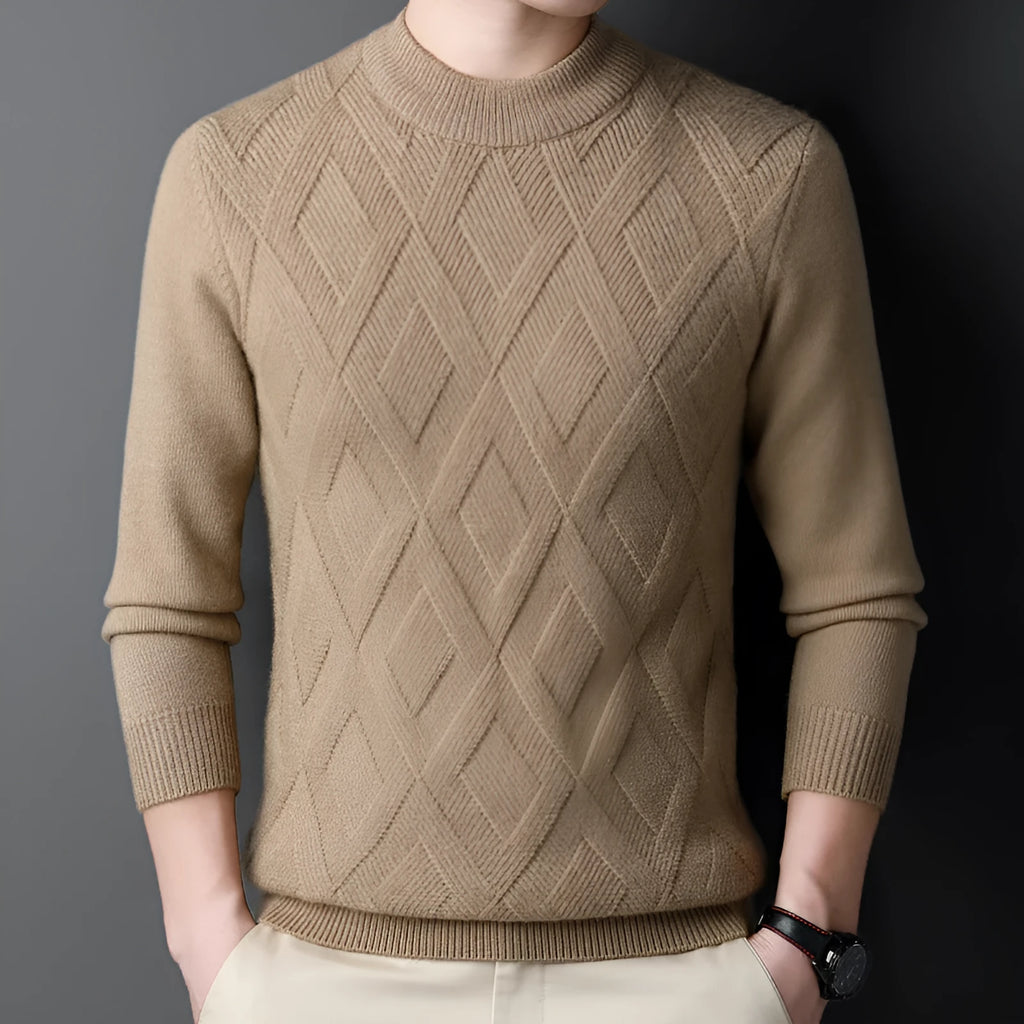 Men's diamond jacquard winter thermal sweater in wool blend fabric shown in light camel colour