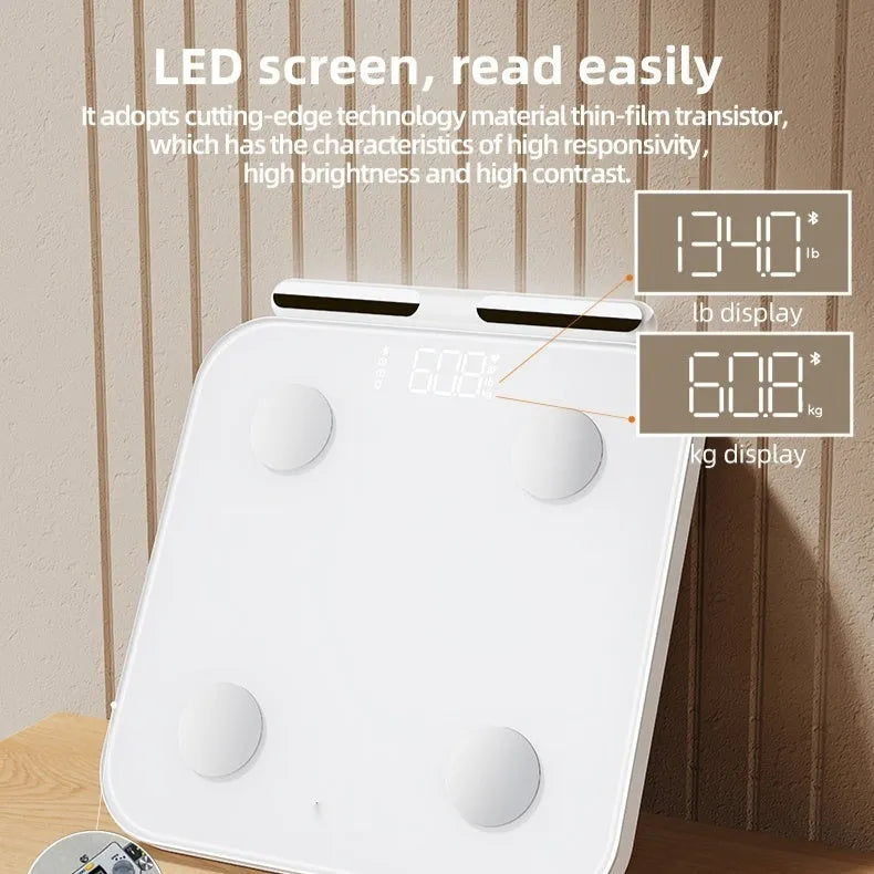 White professional body fat scale with 8 metal electrodes and a clear LED display on a tempered glass platform.