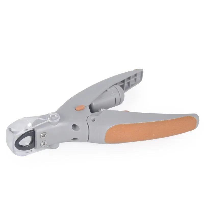 Dog nail clipper with LED light and imitation blood line guide, made from white ABS plastic