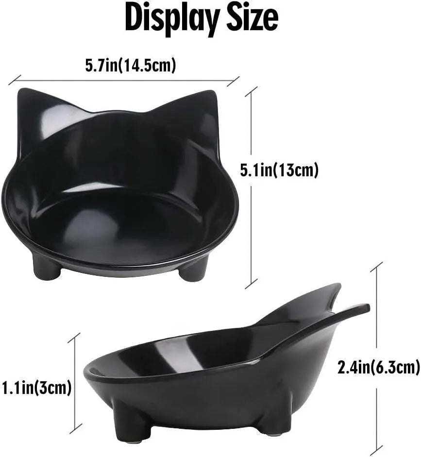 Shallow black melamine cat food bowl with anti-skid rubber base on wooden floor