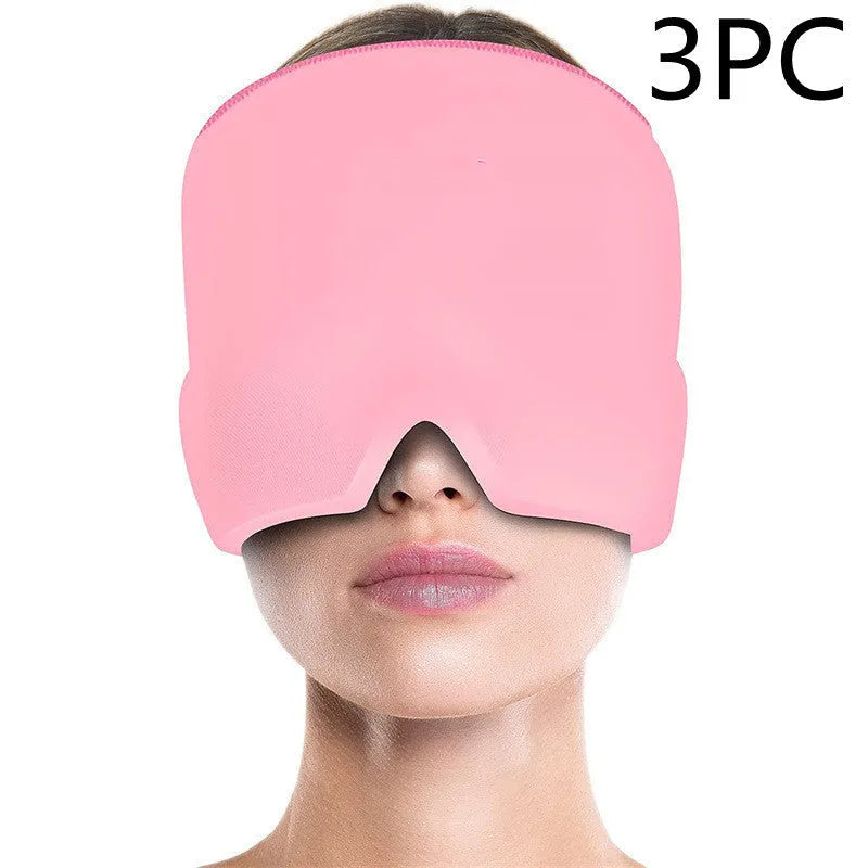 Black elastic cloth gel cooling eye mask for headache relief, shown with adjustable strap.