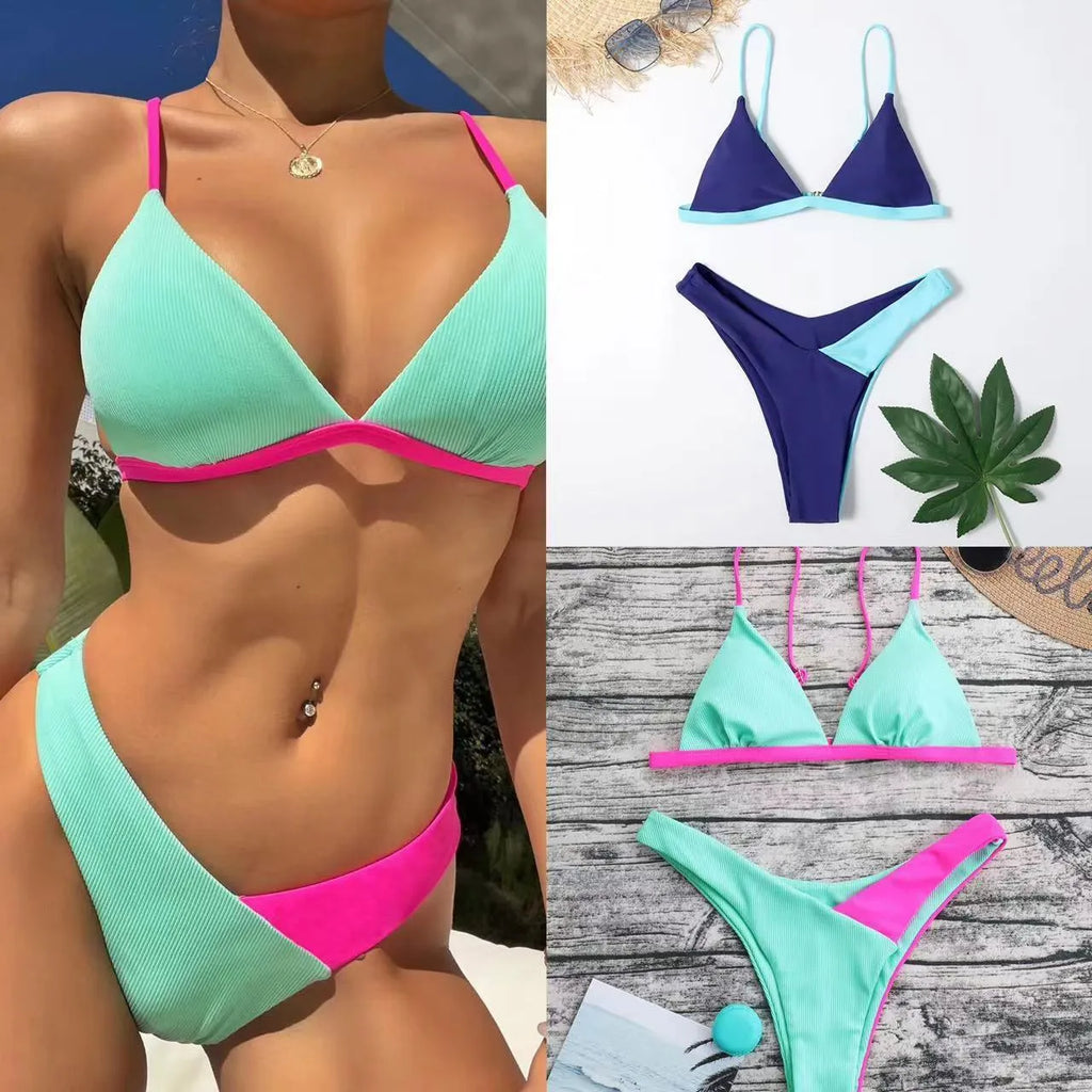 Women's two-piece nylon swimsuit bikini in briefs style, showing pattern design options.