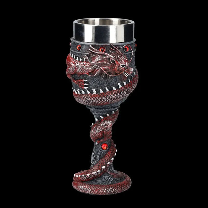 Stainless steel red wine glass with 3D Chinese dragon design in gold or red colour