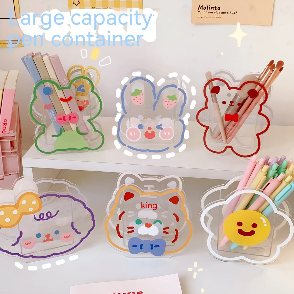 Square clear acrylic storage box with a cute cartoon strawberry rabbit design on the side.