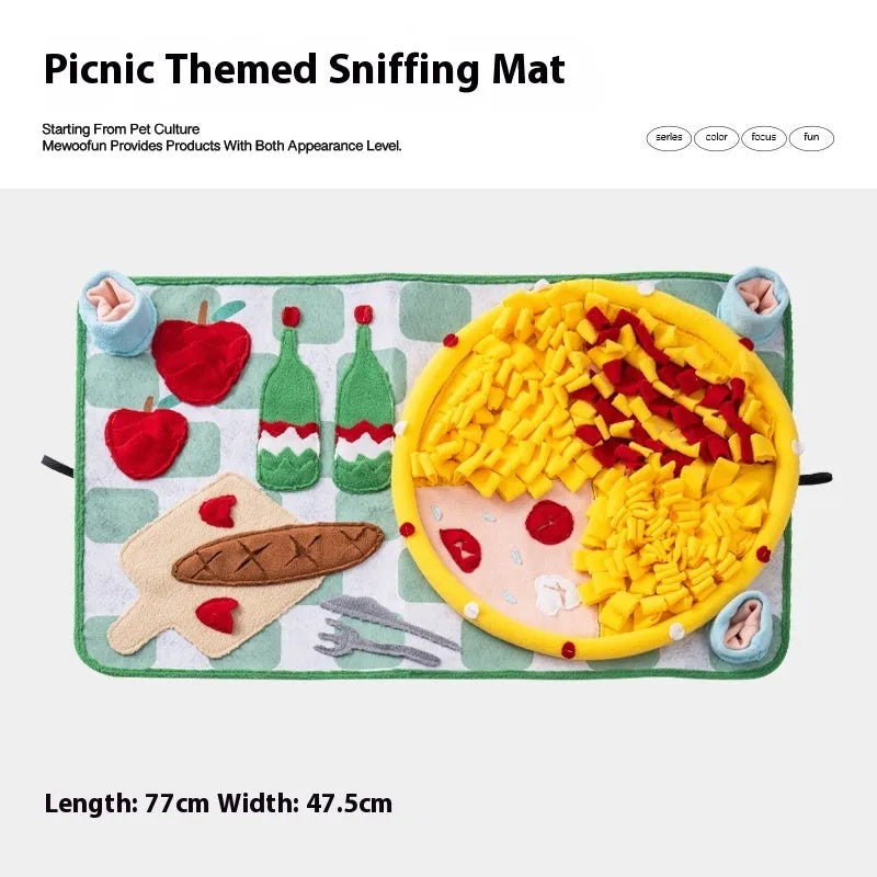 Garden Camping themed fabric dog sniffing mat for hiding treats as a puzzle activity.