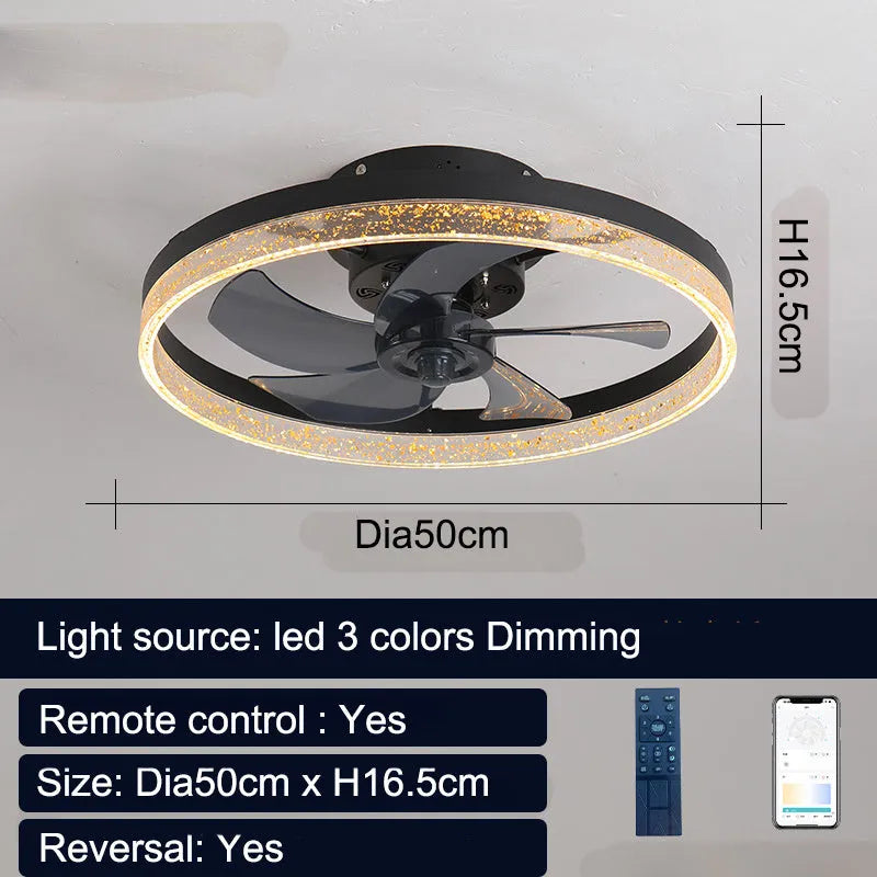 Nordic-style ceiling fan lamp with remote control, 50cm diameter in coffee gold finish