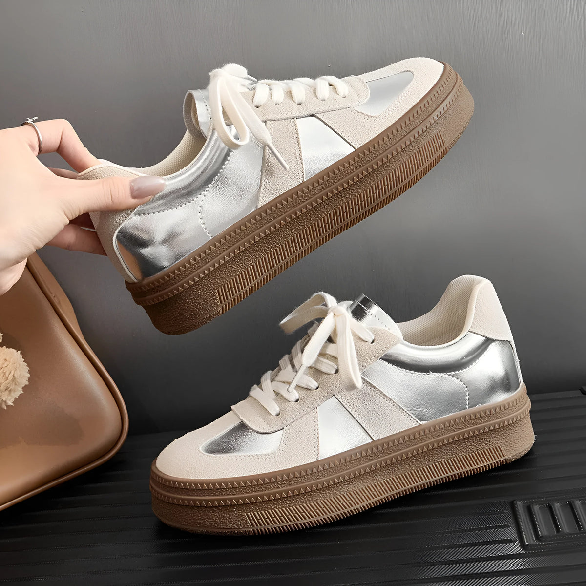 Retro round toe board shoes with cross shoulder straps and lace-up closure in beige and silver colours